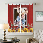 Pig Sunflowers Bathroom Curtains 63 Inch Length, Window Curtains Tab Top, Eucalyptus Leaves Floral Bees Red Barn Light Filtering Window Treatments Drapes 52"x63" 2 Panel