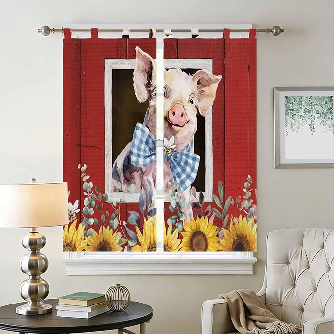 Pig Sunflowers Living Room Curtains 84 Inch Length, Window Curtains Tab Top, Eucalyptus Leaves Floral Bees Red Barn Light Filtering Window Treatments Drapes 42"x84" 2 Panel