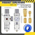 Tuanse Manual Drain 1/2" NPT Compressed Air Filter Regulator, Piggyback Combo, 5µm Brass Element, Poly Bowl, Metal Bracket & Fittings, 0-150 Psi Gauge, for Industrial & Spray Painting