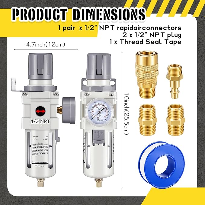 Tuanse Manual Drain 1/2" NPT Compressed Air Filter Regulator, Piggyback Combo, 5µm Brass Element, Poly Bowl, Metal Bracket & Fittings, 0-150 Psi Gauge, for Industrial & Spray Painting
