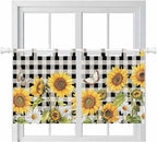 Sunflowers Kitchen Curtains 24 Inch Length, Small Window Curtains Tab Top, Yellow Flowers Butterfly Farmhouse Black Plaid Light Filtering Short Window Treatments Tier Drapes 27.5"x24" 2 Panel