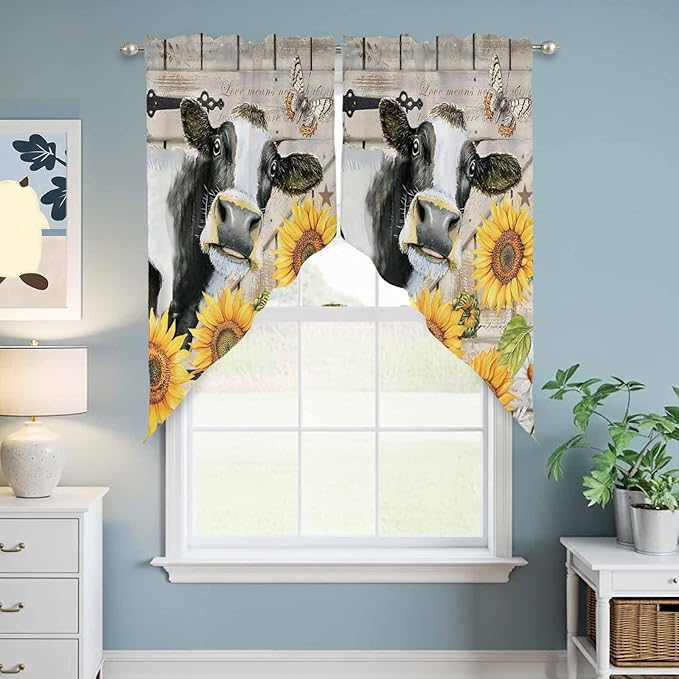 Yellow Sunflowers Swag Valances for Windows, Farmhouse Cow Barn Doors Floral Butterfly Rod Pocket Kitchen Curtains Valance, Small Window Curtains Swag for Cafe Living Room, 2 Panels, 28x36 inch
