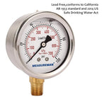 MEASUREMAN Lead-Free Pressure Gauge, 2-1/2inch Dial, Glycerin Filled, 0-100psi/kpa, Stainless Steel Case, 1/4inchNPT Lower Mount