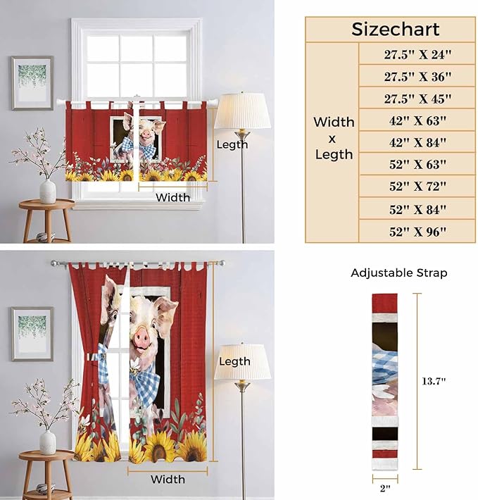 Pig Sunflowers Living Room Curtains 84 Inch Length, Window Curtains Tab Top, Eucalyptus Leaves Floral Bees Red Barn Light Filtering Window Treatments Drapes 52"x84" 2 Panel