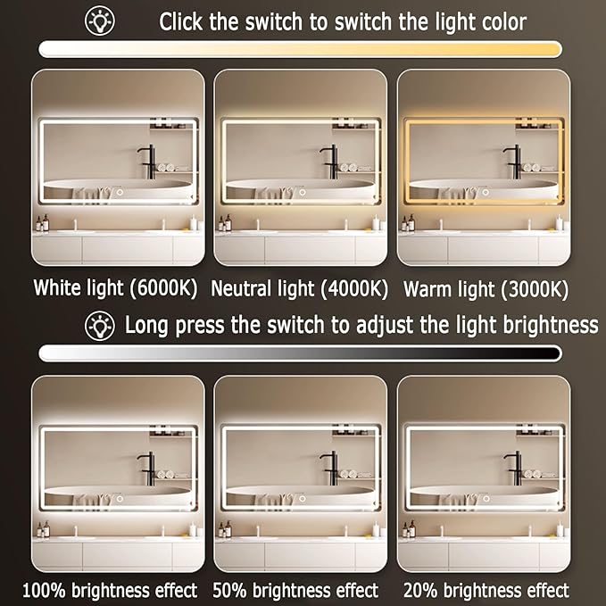 Backlit LED Illuminated Bathroom Mirror with LED Lights, Lighted Bathroom Makeup Wall Mounted Mirror with Demister Pad, Sensor Touch Switch, Horizontal/Vertical(B,H60*W80CM/H23.6*W31.4IN)