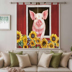 Pigs Sunflowers Bathroom Curtains 63 Inch Length, Window Curtains Tab Top, Farmhouse Red Barn Flowers Animals Light Filtering Window Treatments Drapes 52"x63" 2 Panel