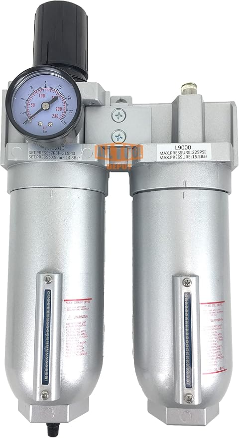 1" NPT SUPER DUTY Compressed Air In Line Filter Regulator Lubricator Oiler Combo Piggyback, Metal Bowl, 5 Micron Element, Adjustable From 7 to 175 PSI (AUTO DRAIN)