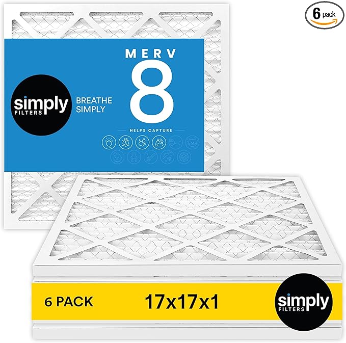 Simply 17x17x1 Air Filter, Merv 8, 6 Pack, For Home AC Furnace & HVAC (Actual Size: 16.75"x16.75"x0.75") DUST, Pet, & Allergy Control