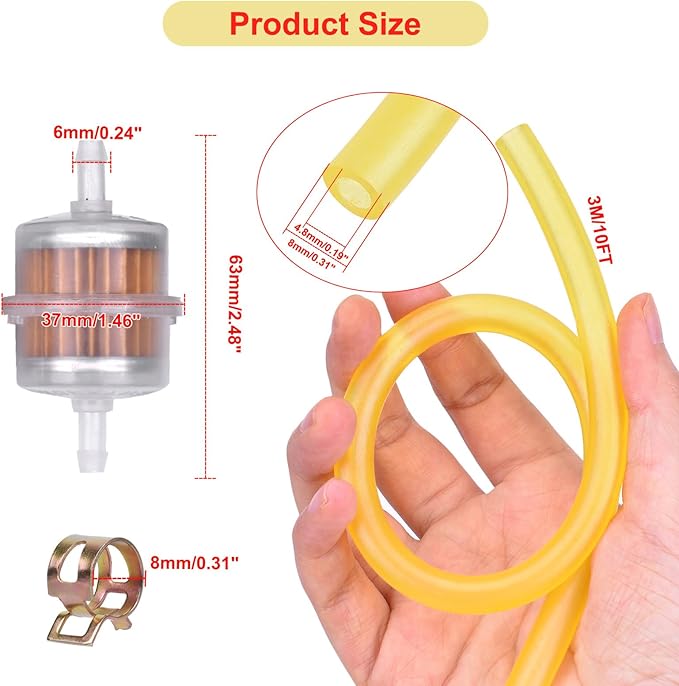 3/16 ID Fuel Line Hose 10FT + 2pcs Fuel Filter+10pcs Clamp For Honda GC135 GCV135 GC160 GCV160 GC190 Lawn Mower 95001-45003-60M Small Engines Generators X120 GX160 GX120 GX100 GX200 GX390