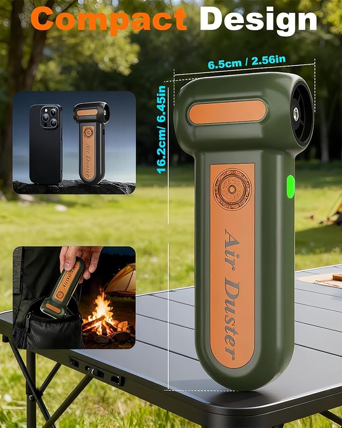 Powerful 2-in-1 Compressed Air Duster & Handheld Car Vacuum Cleaner with LED Light & 4-Gear Adjustable 150KRPM Brushless Motor, Rechargeable Cordless Mini Blowe for Car, Home, PC (2-in-1 Green)