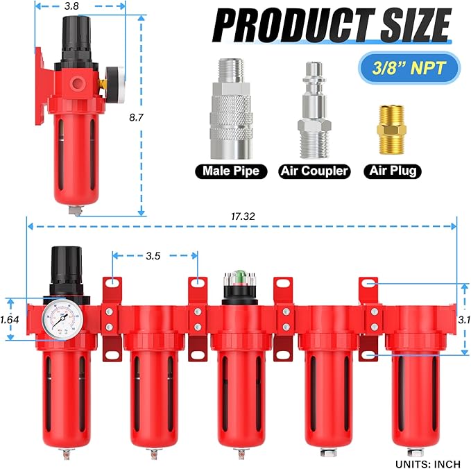 3/8" NPT Industrial Grade 5 Stage Aluminum Air Drying System,Double Coalescing Filter,Particulate Filter,Double Desiccant Dryer and Air Regulator,Manual Drain For Plasma Cutter and Paint Spray