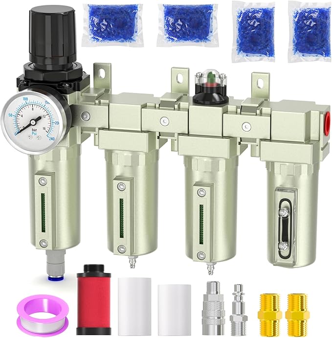 Industrial Grade 4-Stage Air Drying System, 3/4" NPT with Auto Drain, desiccant dryer, air regulator, Particulate Filter and Coalescing Filter for for Paint Spray， Plasma Cutter