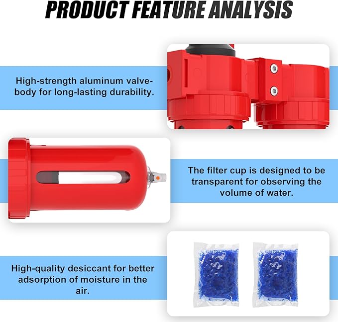1/2" NPT Aluminium Air Drying System, Coalescing Filter, Desiccant Dryer and Air Regulator, Manual Drain, with 150 PSI Gauge and Valve Shut Off Switch for Plasma Cutter and Paint Spray