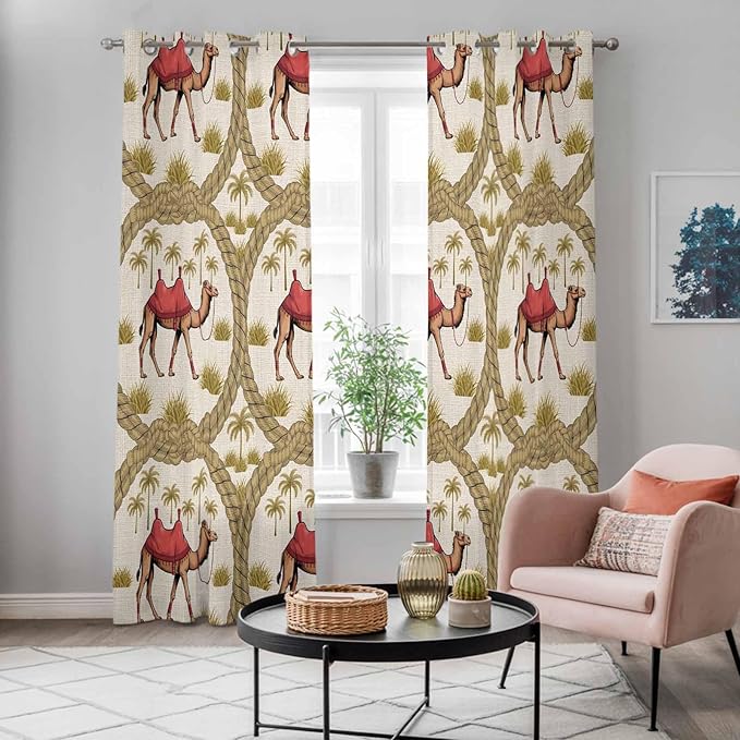 2 Panel Kitchen Cafe Curtains, Camels Palm Trees Sunlight Filtering Nature Air Through, Window Decor Tier Curtains for Living Room 104W x 90L inch Desert Date Coconut Trees Leaves Cords Beige