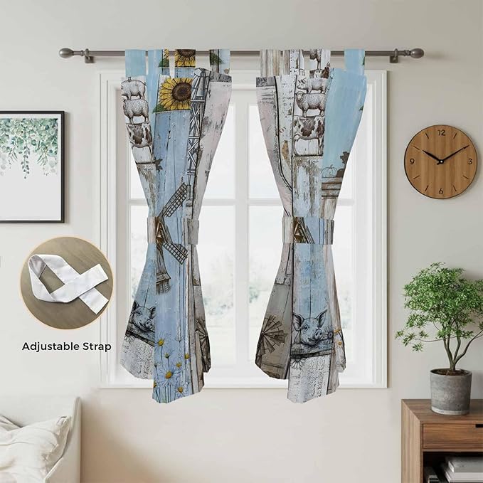 Blue Grey Wooden Bathroom Curtains 63 Inch Length, Window Curtains Tab Top, Farmhouse Barn Sunflowers Retro Light Filtering Window Treatments Drapes 52"x63" 2 Panel