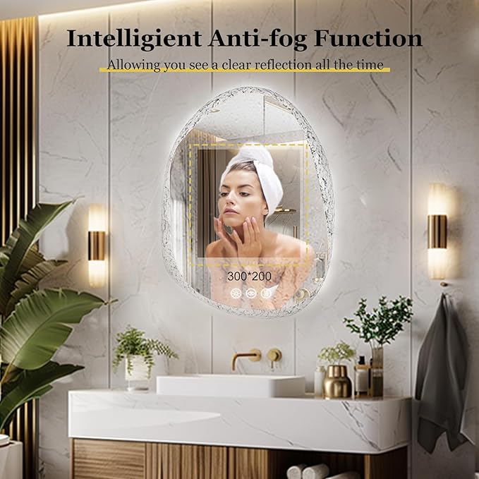 LUVODI Lighted LED Bathroom Mirror: 28”x20”Irregular Stone Pattern Frosted Wall Vanity Mirror with Bright Back Lit - Illuminated Dimmable 3 Colors Vanity Mirrors with Smart Memory Form Anti-Fog