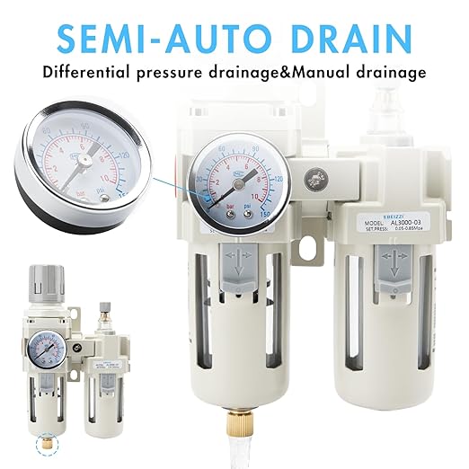 3/8" NPT Air Compressor Water Separator Regulator Filter Combo Compressed Air Filter Dryer Pressure Regulator with Gauge(0-150 psi) Poly Bowl Semi-Auto Drain Bracket - 3 in 1 Two Unit