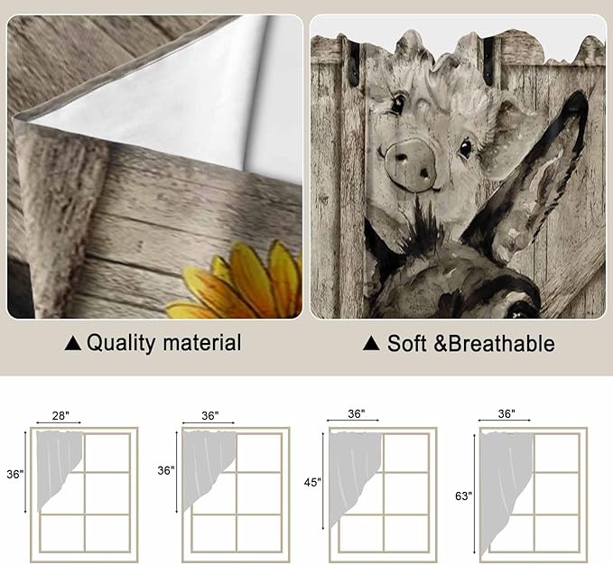 Funny Farm Animals Swag Valances for Windows, Vintage Barn Brown Sunflowers Rod Pocket Kitchen Curtains Valance, Kitchen Window Curtains Swag for Cafe Bathroom Living Room, 2 Panels, 36x45 inch