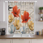 Retro Floral Living Room Curtains 96 Inch Length, Window Curtains Tab Top, Red Yellow Tulips Barm Doors Farmhouse Wooden Light Filtering Window Treatments Drapes 52"x96" 2 Panel