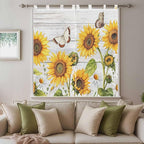 Yellow Sunflowers Living Room Curtains 84 Inch Length, Window Curtains Tab Top, Vintage Country Flowers Butterfly Wood Board Light Filtering Window Treatments Drapes 42"x84" 2 Panel
