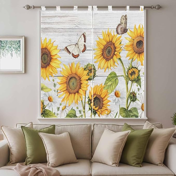 Yellow Sunflowers Bedroom Curtains 72 Inch Length, Window Curtains Tab Top, Vintage Country Flowers Butterfly Wood Board Light Filtering Window Treatments Drapes 52"x72" 2 Panel