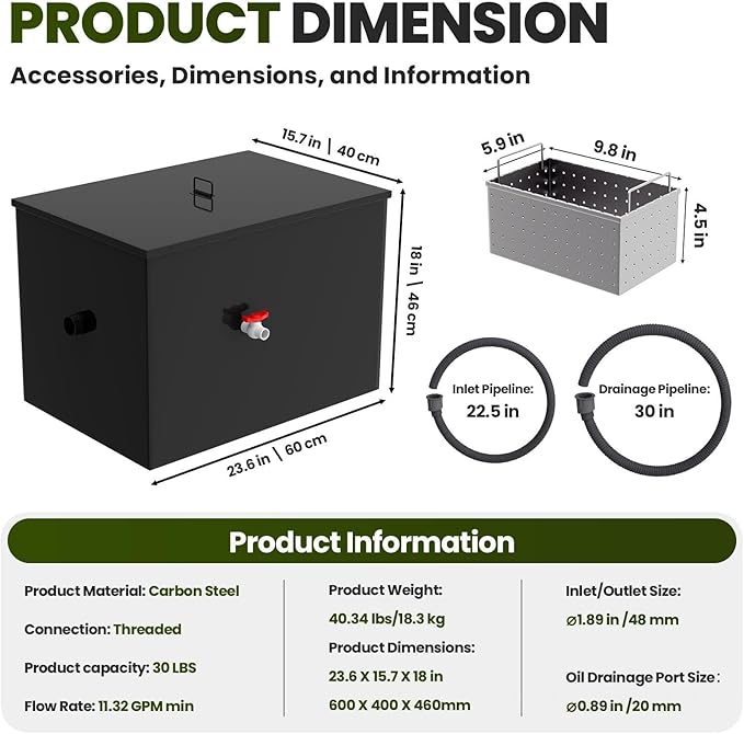 Grease Interceptor, 23.6" × 15.7" × 18" Grease Trap, 30 LBS Commercial Grease Trap for Kitchens, Coffee Shops, and Food Processing Plants That Produce Oily Wastewater
