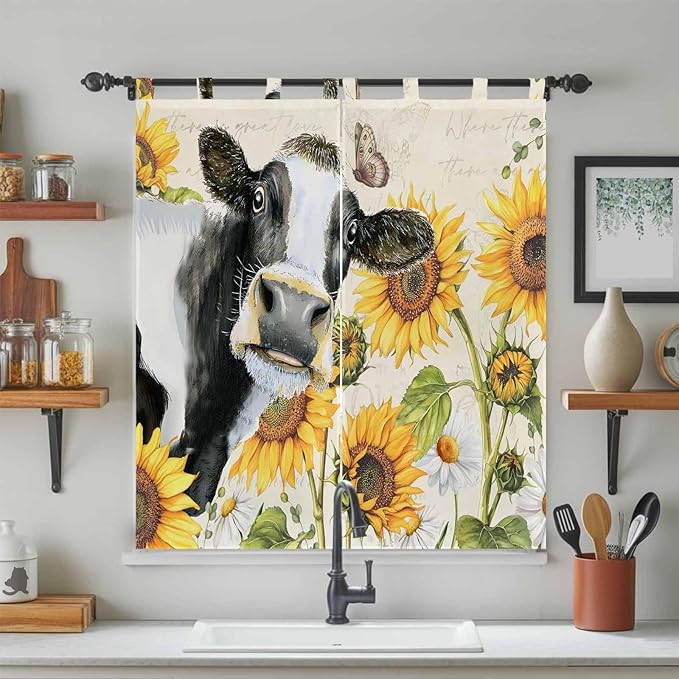 Yellow Sunflowers Bedroom Curtains 72 Inch Length, Window Curtains Tab Top, Country Cow Flower Butterfly Farmhouse Cream Light Filtering Window Treatments Drapes 52"x72" 2 Panel