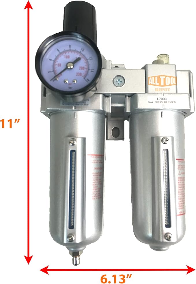 3/4" NPT HEAVY DUTY Compressed Air In Line Filter Regulator Lubricator Oiler Combo Piggyback, Metal Bowl, 5 Micron Element, Adjustable From 7 to 215 PSI (MANUAL DRAIN)