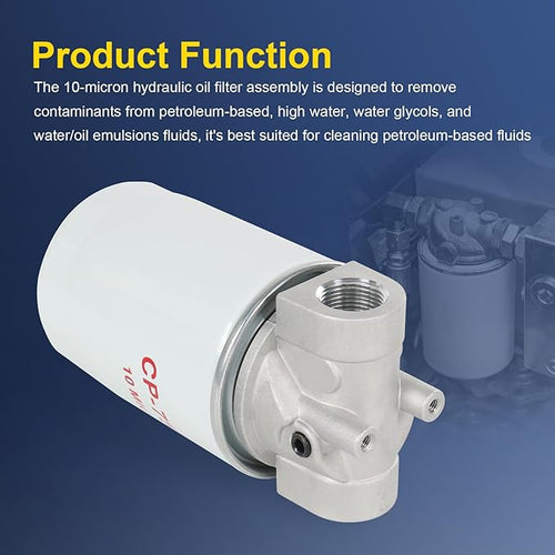 10 Micron Hydraulic Oil Filter Assembly, Spin-On Design, Return Line Filter with Indicator Port, 20 GPM Flow Rate, 200 PSI, 3/4" NPTF Port, Replace# 221006