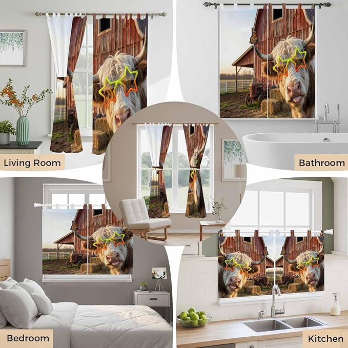 Farm Yaks Kitchen Curtains 24 Inch Length, Small Window Curtains Tab Top, Farmhouse Barn Funny Animals Butterfly Light Filtering Short Window Treatments Tier Drapes 27.5"x24" 2 Panel