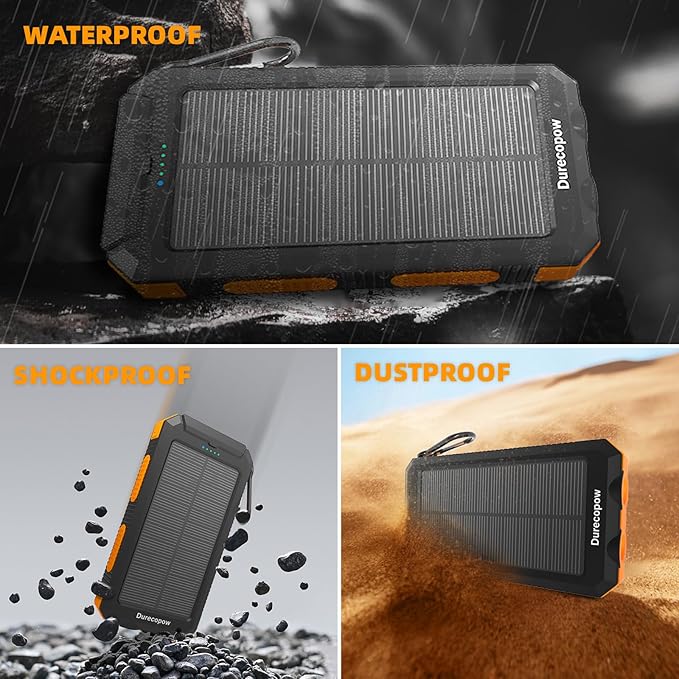 Solar Charger Power Bank 20,000mAh, Portable Charger, 4 Cables 3 Ports Fast Charging External Battery Pack with USB C for Cell Phones, Solar Panel Charger with Dual Flashlight for Camping