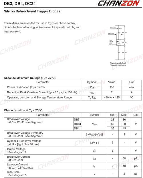 (Pack of 100 Pieces) Chanzon DB3 DIAC Bidirectional Trigger Diode 2A 32V 150mW DO-35 (DO-204AH) DB-3 Axial Silicon Diodes