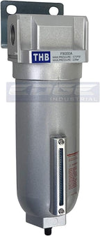 HEAVY DUTY INDUSTRIAL RATED HIGH FLOW PARTICULATE FILTER, IN-LINE WATER TRAP FOR COMPRESSED AIR LINE SYSTEMS, 5 MICRON WITH METAL BOWL AND AUTO DRAIN (1/2" NPT, 11oz)