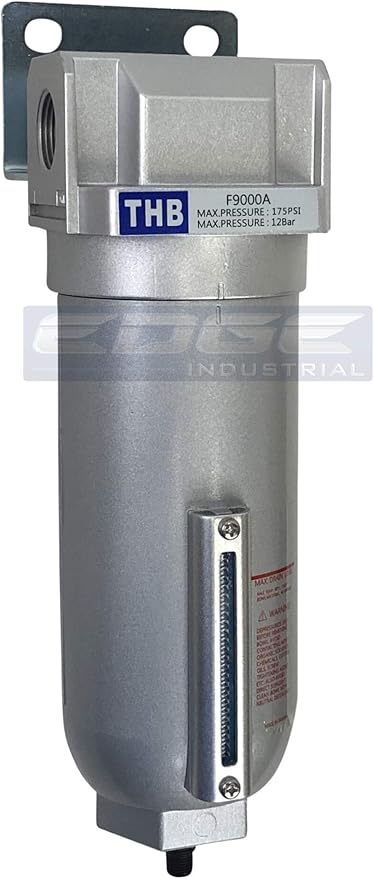 HEAVY DUTY INDUSTRIAL RATED HIGH FLOW PARTICULATE FILTER, IN-LINE WATER TRAP FOR COMPRESSED AIR LINE SYSTEMS, 5 MICRON WITH METAL BOWL AND AUTO DRAIN (3/4" NPT, 11oz)