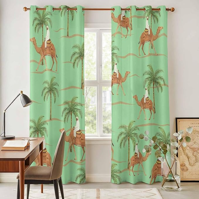 2 Panel Kitchen Cafe Curtains, Desert Camels Sunlight Filtering Nature Air Through, Home Decor Window Covering Tier Curtains for Living Room 80W x 84L inch Tropical Date Palm Trees Animal Green