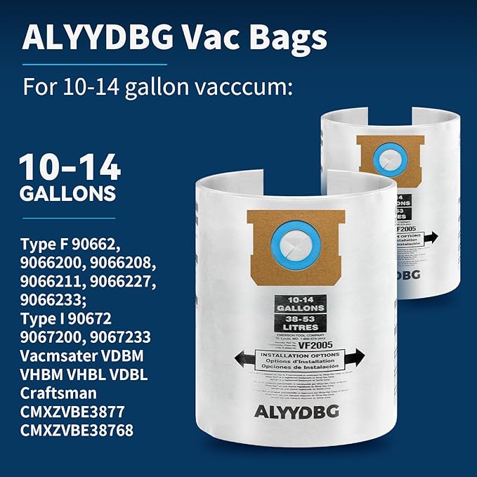 for Shop Vac Bags 10-14 Gallon, Type F 90662 9066200 9066233; Type I 90672 9067200 9067233; VF2005, High Efficiency Disposable Fine Dust Collection Vacuum Filter Bags (5 Pack)