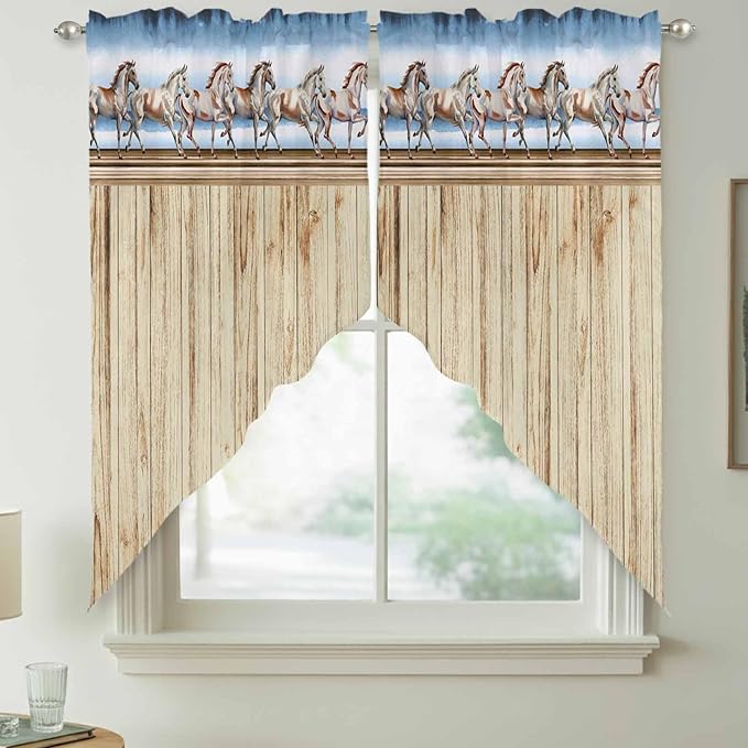 Western Horse Swag Valances for Windows, Farmhouse Wooden Grain Vintage Cowboy Barn Door Rod Pocket Kitchen Curtains Valance, Small Window Curtains Swag for Cafe Living Room, 2 Panels, 28x36 inch