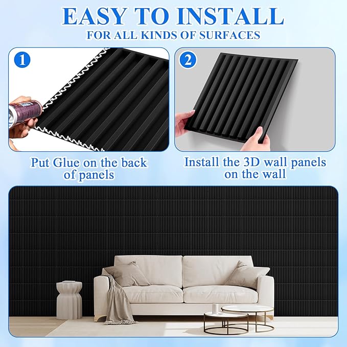 Nuanchu 90 Pcs 3D Slat Wall Panels, 12"x12" PVC Fluted Wall Paneling for Interior Decor, Paintable Waterproof Textured Tiles for Living Room TV Background Gaming Room, 32 Sq. ft Coverage (Black)