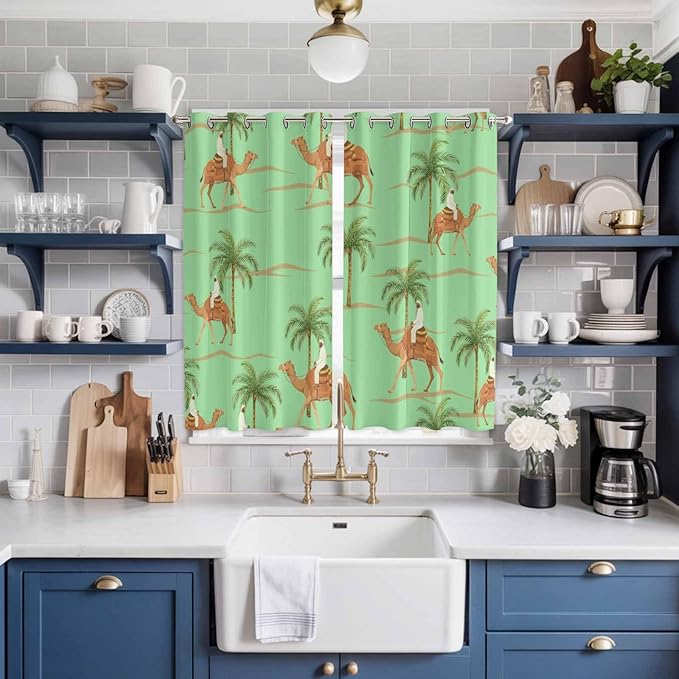 2 Panel Kitchen Cafe Curtains, Desert Camels Sunlight Filtering Nature Air Through, Home Decor Window Covering Tier Curtains for Living Room 80W x 63L inch Tropical Date Palm Trees Animal Green
