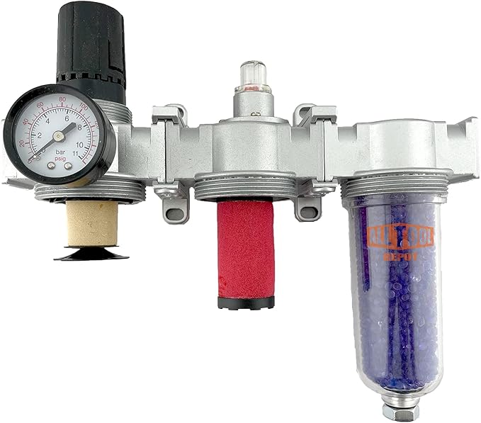 3/8" NPT Mid Flow Filter Regulator Coalescing Desiccant Dryer System For Compressed Air Lines, Poly Bowls, Great For Paint Spray And Plasma Cutter (MANUAL DRAIN)