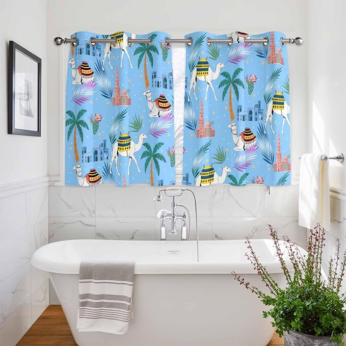 2 Panel Kitchen Cafe Curtains, Desert Landscape Sunlight Filtering Nature Air Through, Window Decor Tier Curtains for Living Room 104W x 52L inch Cute Camels Palm Trees Houses Leaves Blue