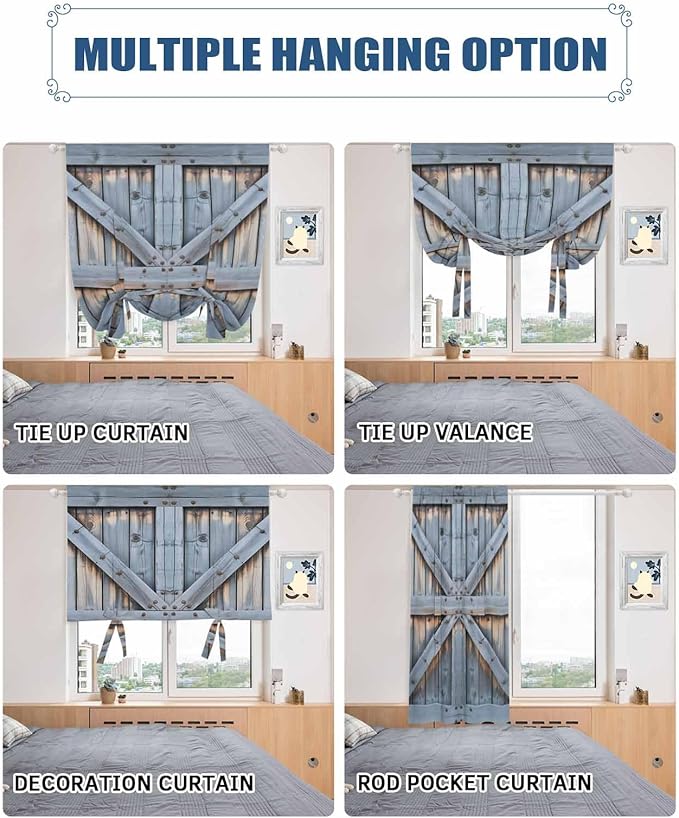 Tie Up Curtains for Windows, Farmhouse Wood Grain Adjustable Balloon Nature Linen Textured Kitchen Curtain, Vintage Country Barn Gate Textured Room Darkening Curtains for Glass Door, 42 x 45 In