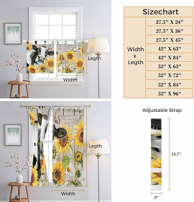 Yellow Sunflowers Kitchen Curtains 24 Inch Length, Small Window Curtains Tab Top, Farmhouse Cow Barn Doors Floral Butterfly Light Filtering Short Window Treatments Tier Drapes 27.5"x24" 2 Panel