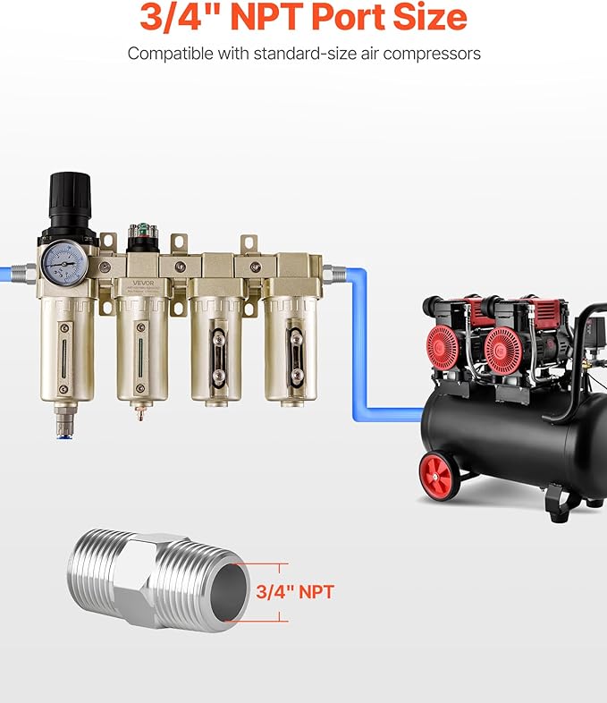 VEVOR Air Compressor Filter Regulator, 3/4" NPT 4-Stage 5μm & 0.3μm & 0.1μm & 0.1μm Air Drying System with Micron Filters & Double Desiccant Dryer, Auto Drain Air Compressor Water Separator 175PSI Max