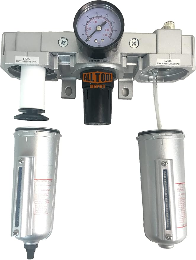1/2" NPT HEAVY DUTY Compressed Air In Line Filter Regulator Lubricator Oiler Combo, Metal Bowl, 5 Micron Element, Adjustable From 7 to 175 PSI (AUTO DRAIN)