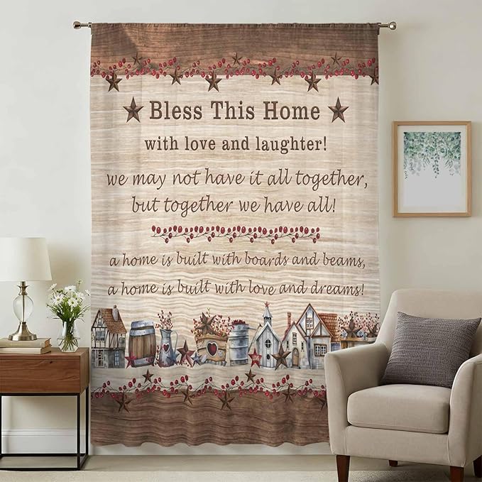 Farmhouse Sheer Curtains 84 Inch Length Brown Country Star Berry Vintage Wood Grain Chiffon Curtain for Bedroom Living Room Light Filtering Rod Pocket Window Treatments Voile Curtains Drapes