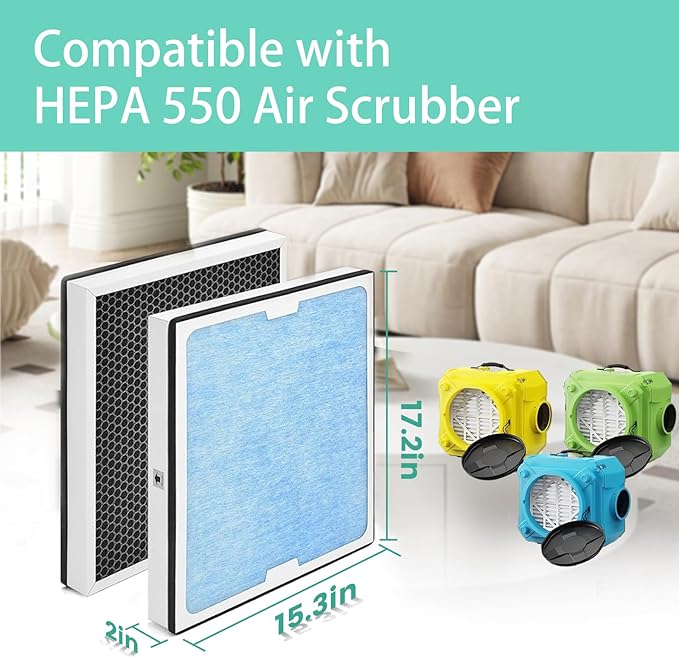 HEPA 550 Filter Replacement for AlorAir CleanShield HEPA 550 Air Scrubber, 17.2 x 15.3 x 2 in Activated Carbon HEPA Filter, 2 Pack