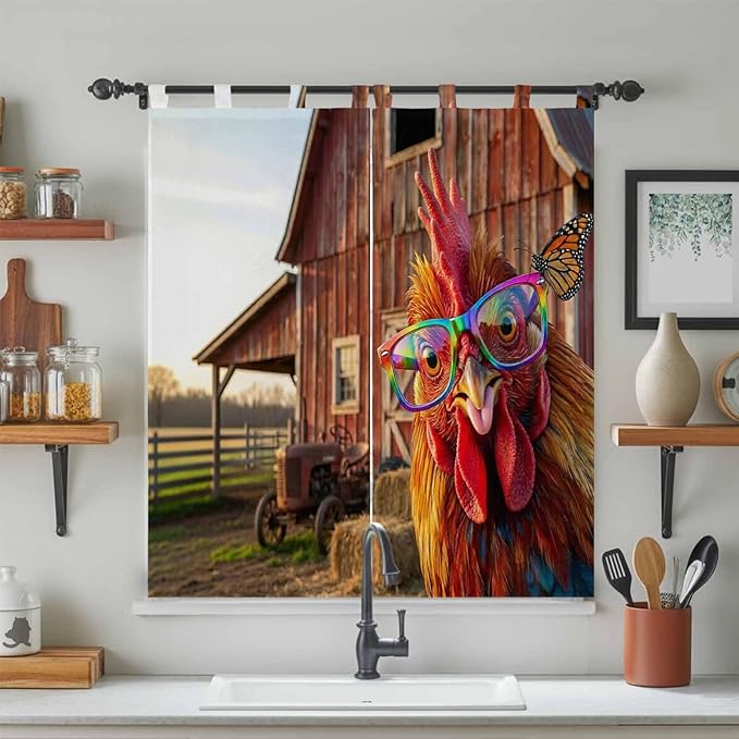 Farm Rooster Bedroom Curtains 72 Inch Length, Window Curtains Tab Top, Farmhouse Barn Funny Animals Butterfly Light Filtering Window Treatments Drapes 52"x72" 2 Panel