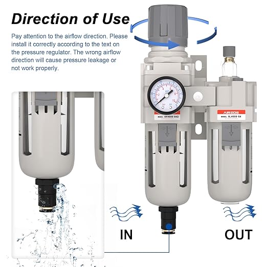 1/2" NPT Compressed Air Filter Regulator Lubricator Combo, Air Compressor Water Separator AC4010-04,5 Micron Brass Element Auto Drain,0-145 psi Gauge