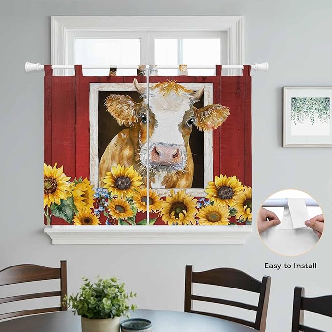 Cows Sunflowers Kitchen Curtains 45 Inch Length, Short Cafe Window Curtains Tab Top, Spring Floral Bees Farmhouse Barn Light Filtering Window Treatments Tier Drapes 27.5"x45" 2 Panel